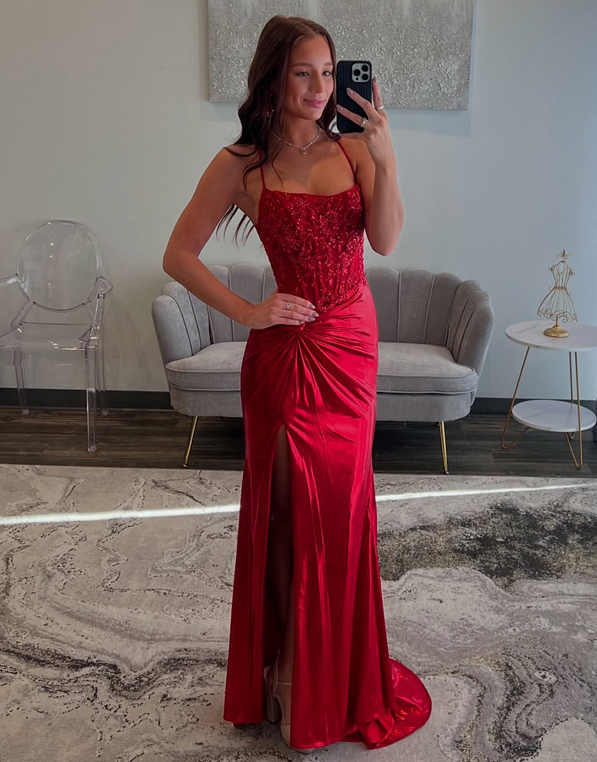 Sparkly Red Mermaid Spaghetti Straps Corset Satin Ruched Long Prom Dress with Slit