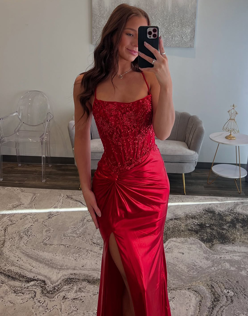 Sparkly Red Mermaid Spaghetti Straps Corset Satin Ruched Long Prom Dress with Slit