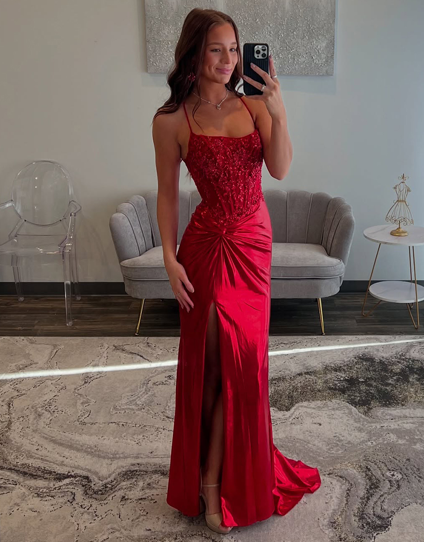 Sparkly Red Mermaid Spaghetti Straps Corset Satin Ruched Long Prom Dress with Slit