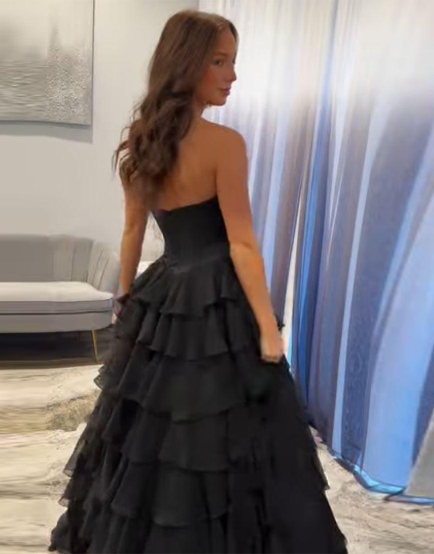 Sparkly Black Strapless Corset Rhinestones Ruffles Ball Gown with Slit