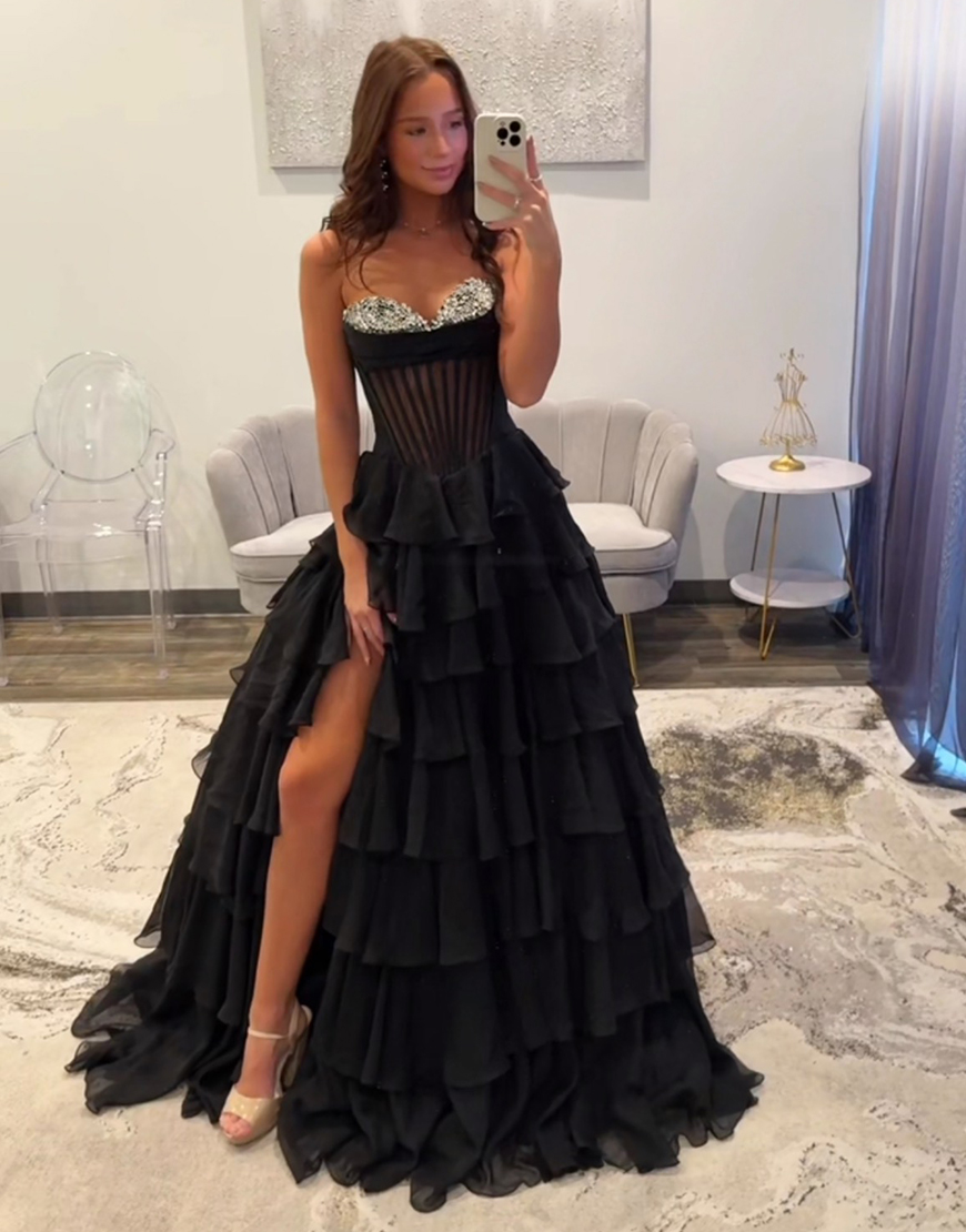Sparkly Black Strapless Corset Rhinestones Ruffles Ball Gown with Slit