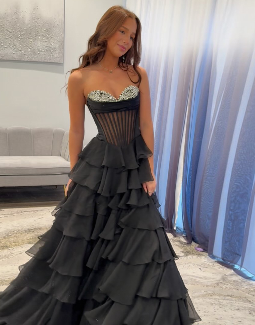 Sparkly Black Strapless Corset Rhinestones Ruffles Ball Gown with Slit