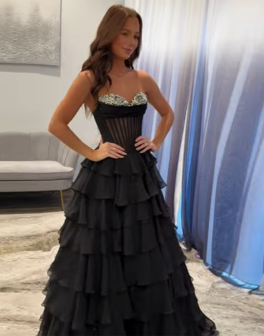 Sparkly Black Strapless Corset Rhinestones Ruffles Ball Gown with Slit
