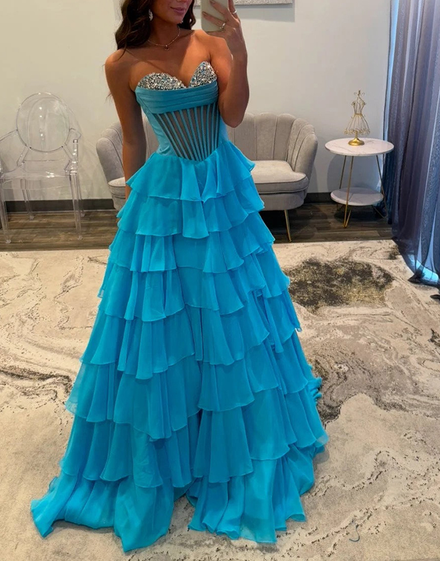 Sparkly Black Strapless Corset Rhinestones Ruffles Ball Gown with Slit