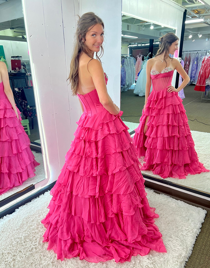 Sparkly Black Strapless Corset Rhinestones Ruffles Ball Gown with Slit