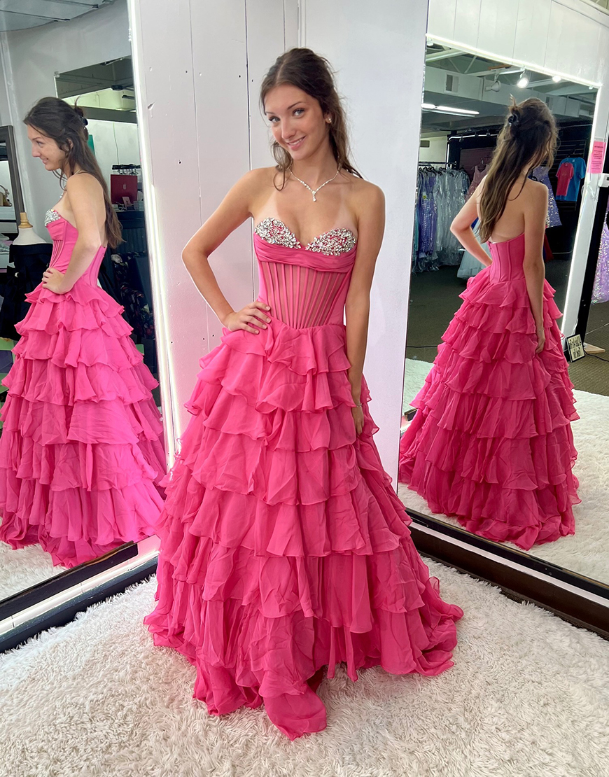 Sparkly Black Strapless Corset Rhinestones Ruffles Ball Gown with Slit