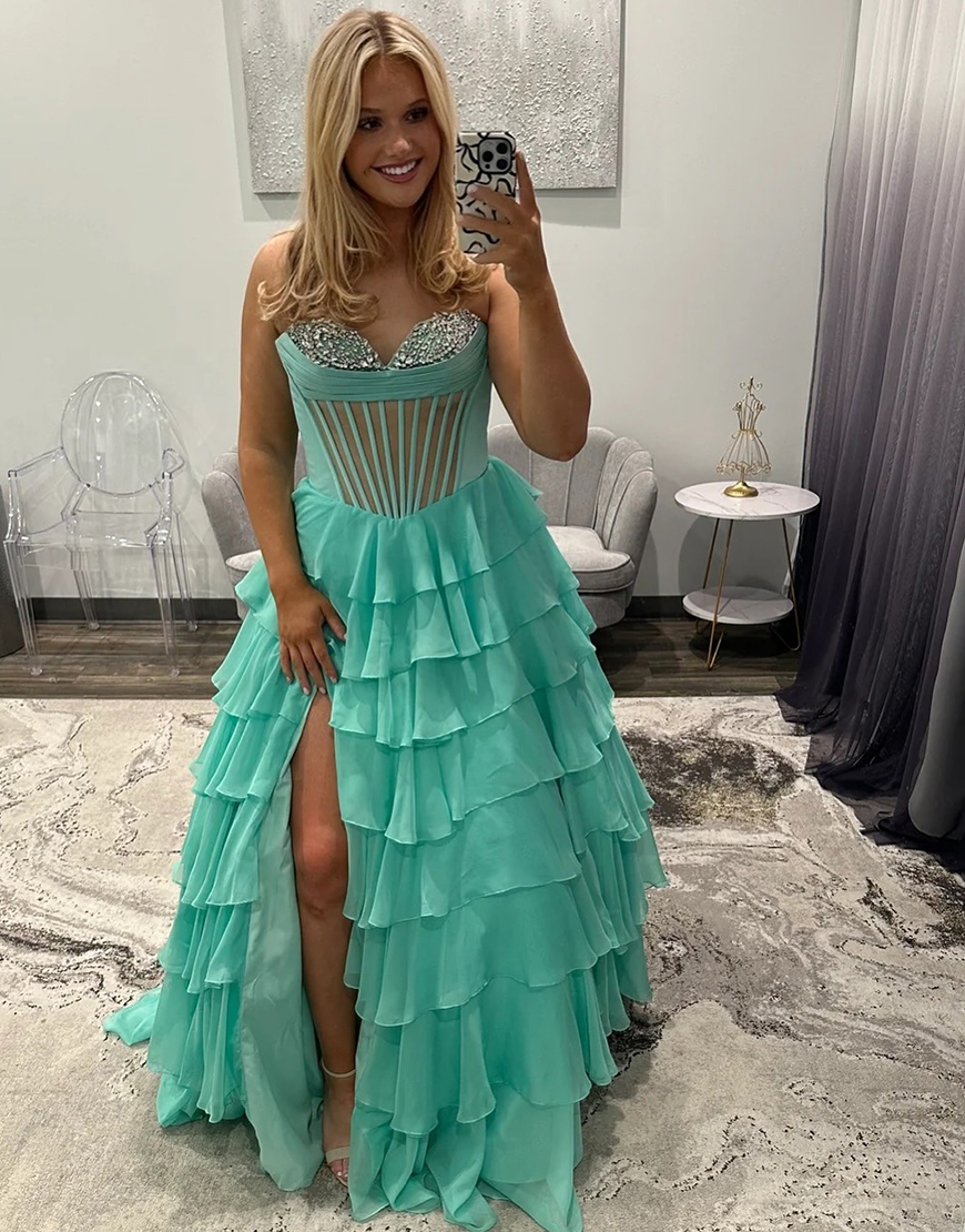 Sparkly Black Strapless Corset Rhinestones Ruffles Ball Gown with Slit