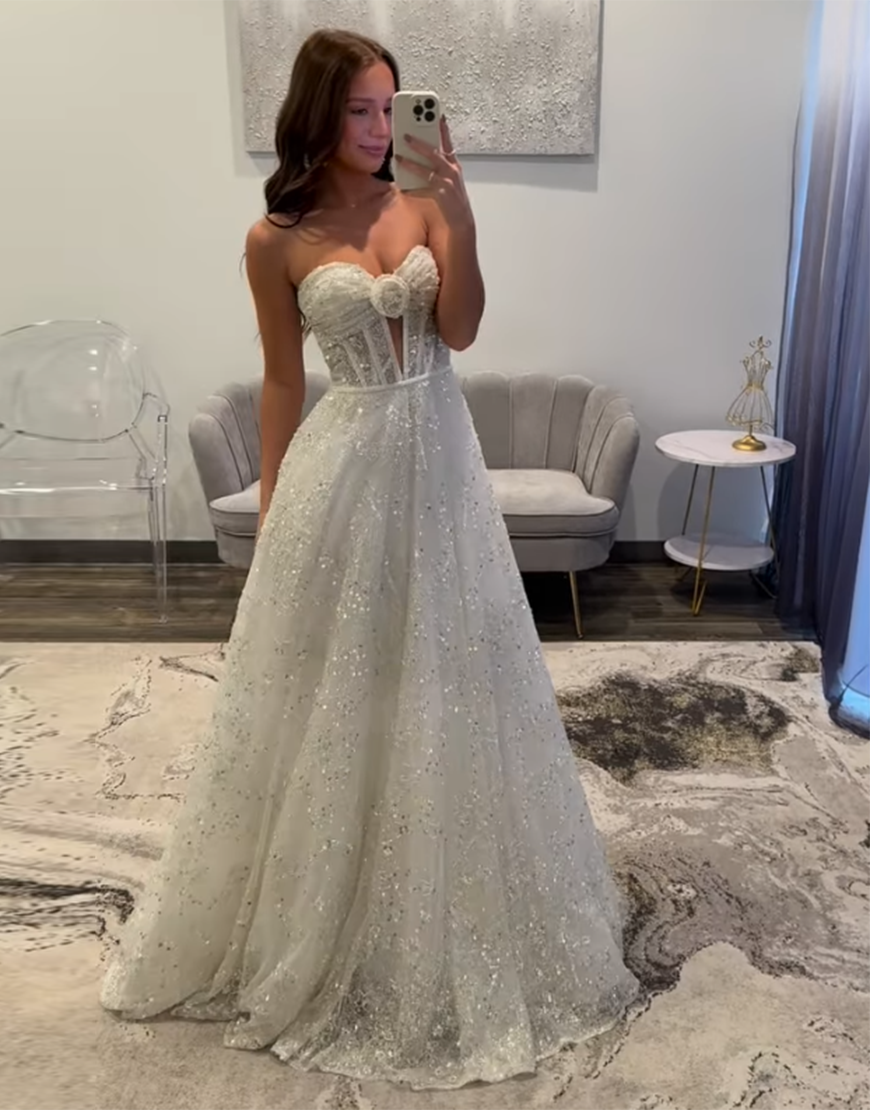 Sparkly White A-Line Strapless Corset Sequined Tulle Ball Gown with Flower