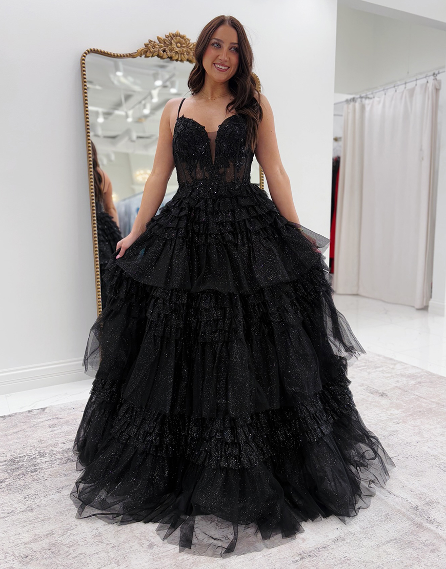 Sparkly Black A-Line Spaghetti Straps Corset Tiered Long Prom Dress with Appliques