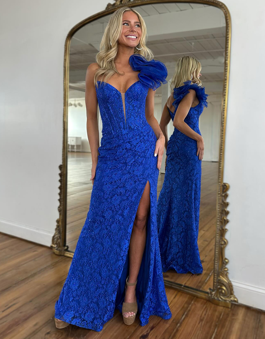 Sparkly Royal Blue Floral Sheath One Shoulder Corset Long Prom Dress with Slit