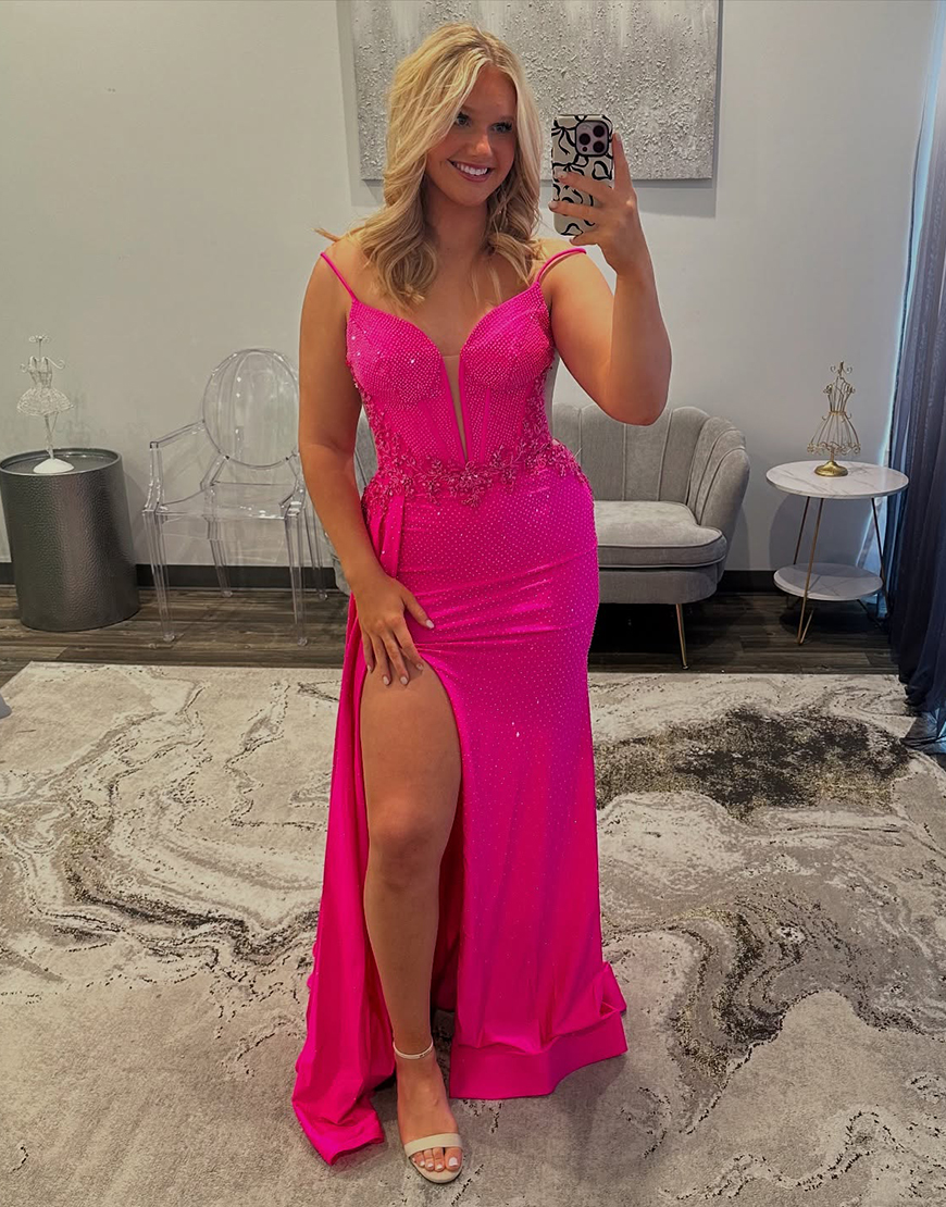 Sparkly Fuchsia Spaghetti Straps Sheath Corset Long Prom Dress with Slit