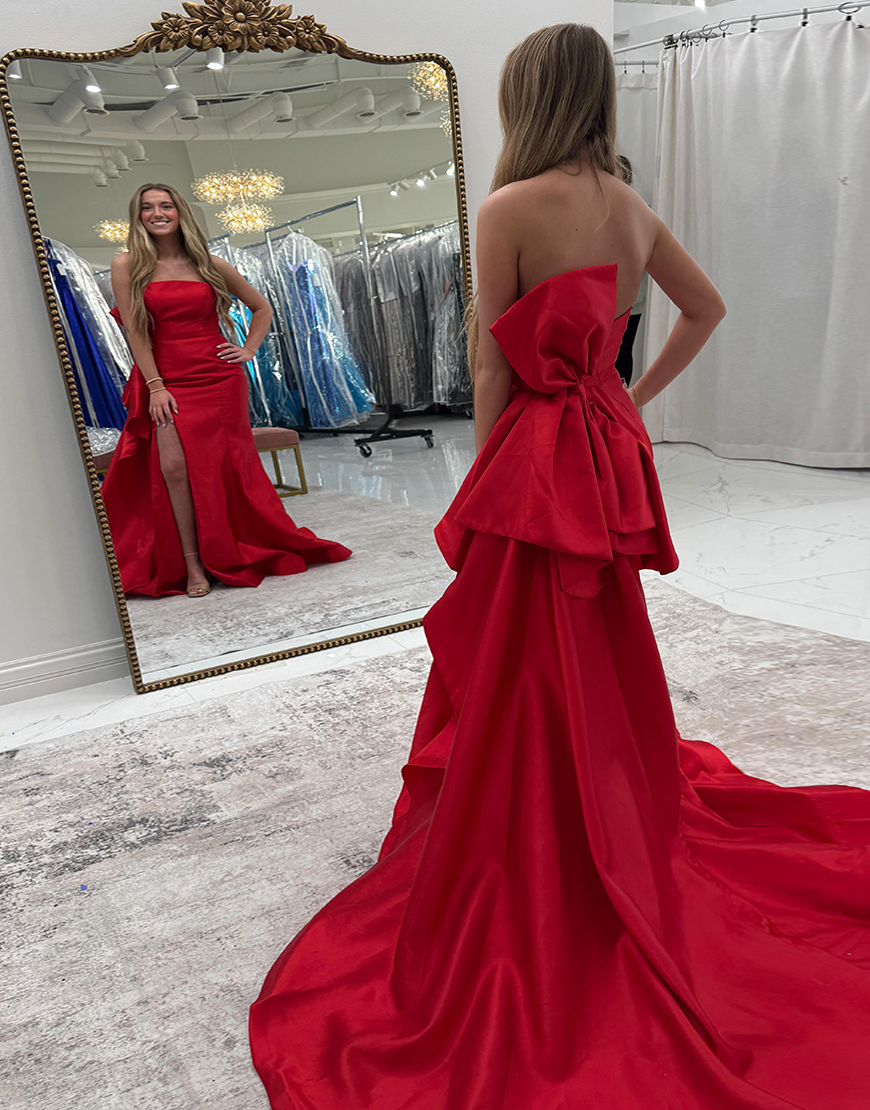 Red Strapless Mermaid Bowknot Long Prom Dress with Slit