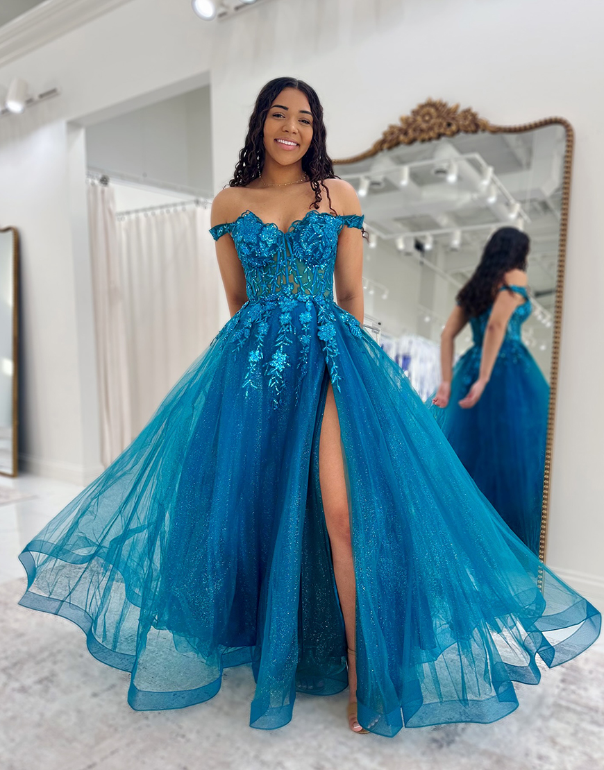 Sparkly Peacock Blue Off the Shoulder Appliqued Long Prom Dress with Slit