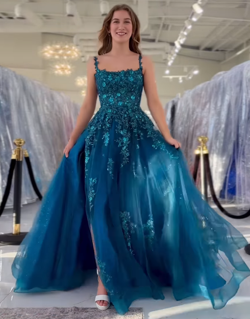 Sparkly Peacock Blue A Line Spaghetti Straps Long Prom Dress with Appliques