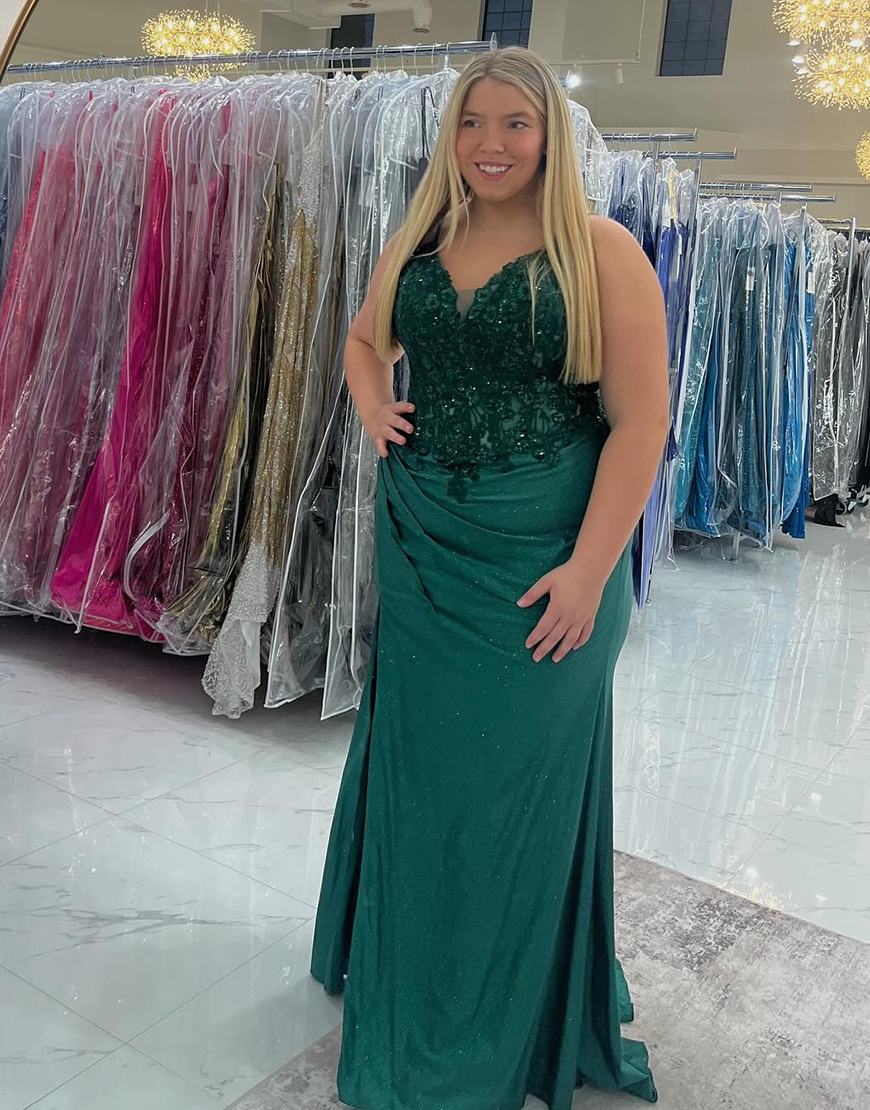 Sparkly Emerald Green Sheath Spaghetti Straps Long Prom Dress with Appliques