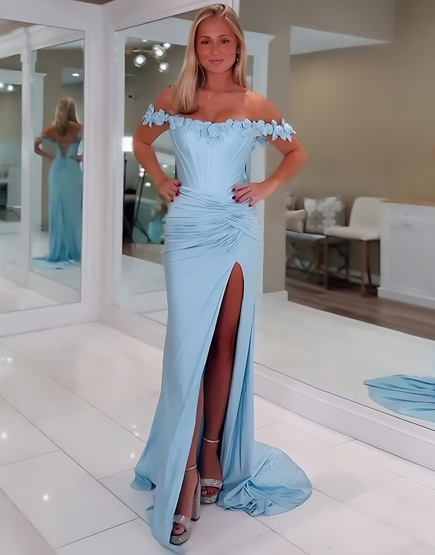 Light Blue Floral Off the Shoulder Sheath Corset Long Prom Dress with Slit