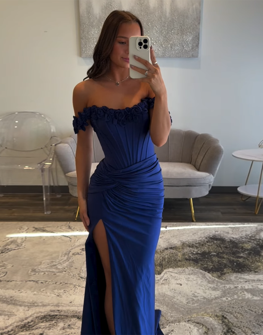 Light Blue Off the Shoulder Sheath Corset Slit Long Prom Dress with 3D Flowers