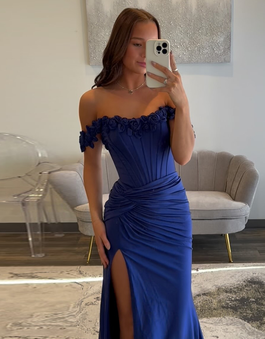 Light Blue Off the Shoulder Sheath Corset Slit Long Prom Dress with 3D Flowers