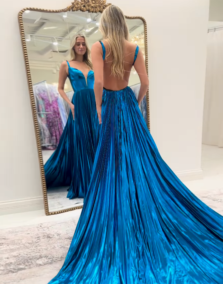 Metallic Blue A Line Spaghetti Straps Backless Long Prom Dress 
