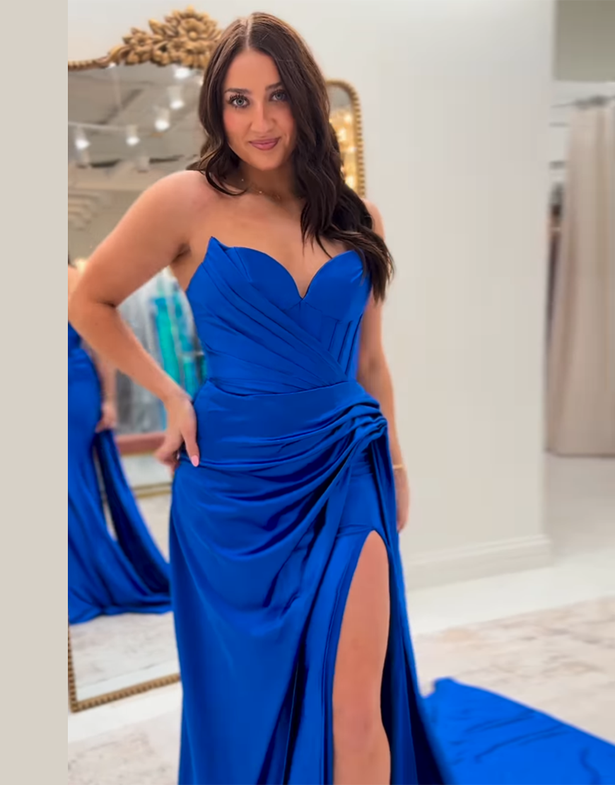 Royal Blue Mermaid Strapless Ruched Satin Long Prom Dress with Slit