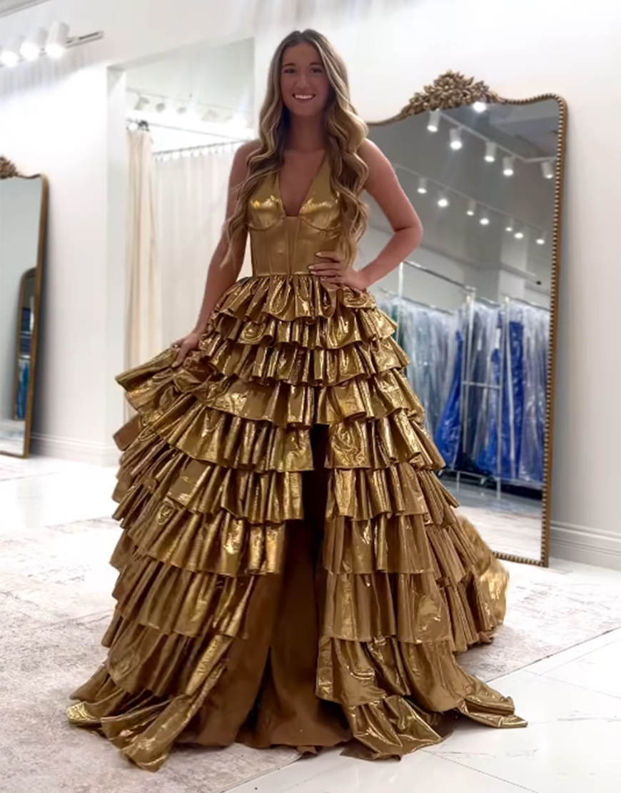 Metallic Gold A Line V Neck Tiered Long Prom Dress with Slit