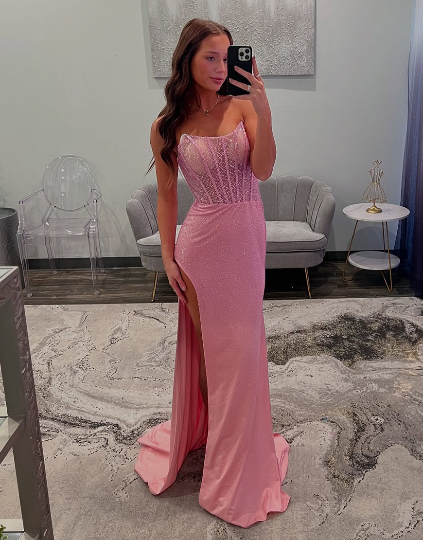 Sparkly Red Strapless Sequin Corset Long Prom Dress with Slit