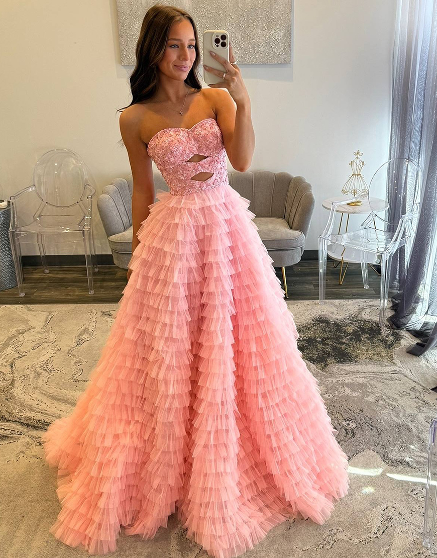 Sparkly Pink A Line Sweetheart Tiered Long Prom Dress with Appliques