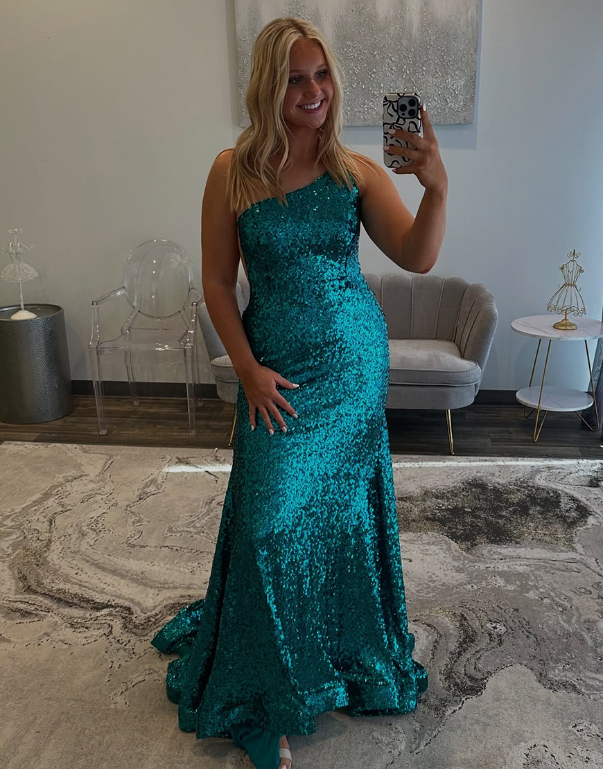 Sparkly Blue One Shoulder Sheath Long Prom Dress with Sequin