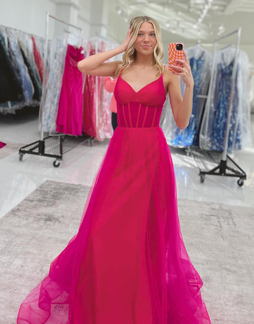 Fuchsia A Line Spaghetti Straps Corset Long Tulle Prom Dress
