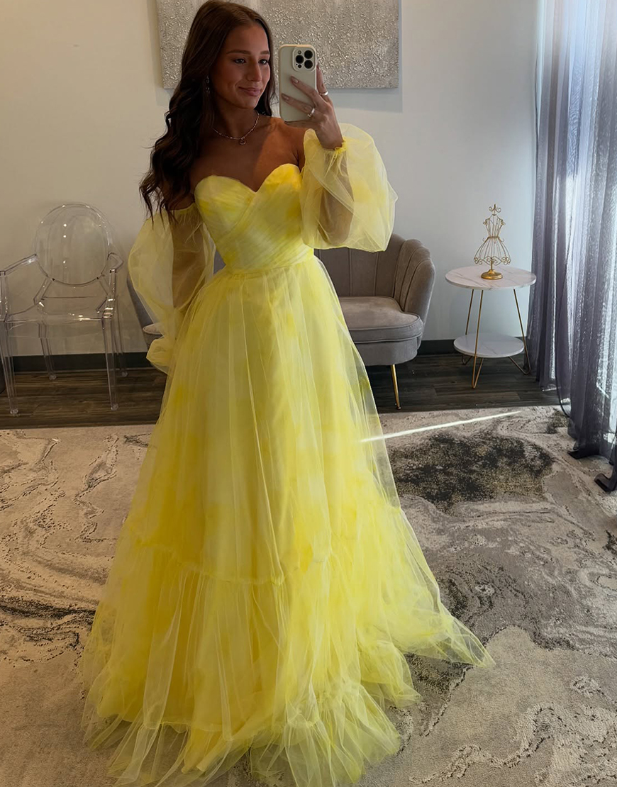 Yellow Sweetheart Puff Sleeves A Line Long Tulle Prom Dress 