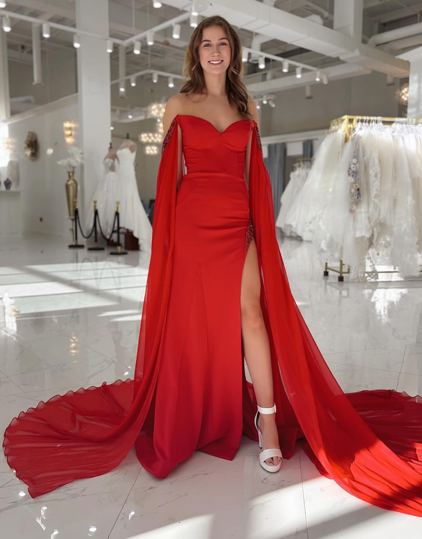 Red Sweetheart Sheath Long Cape Prom Dress with Slit