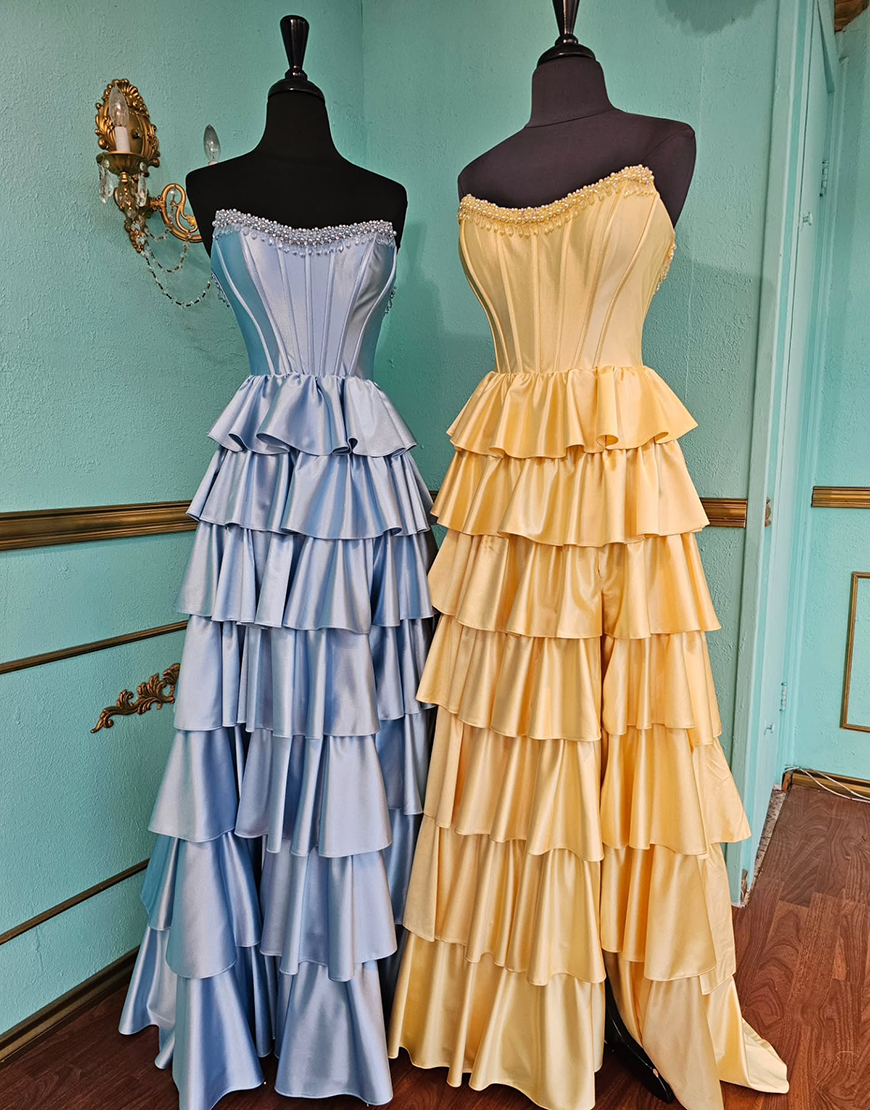 Sparkly Yellow A-Line Beading Strapless Corset Ruffles Long Prom Dress with Slit