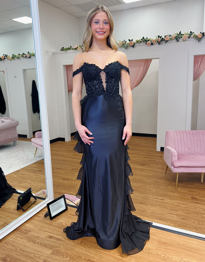 Sparkly Navy Sheath Off the Shoulder Corset Ruffles Long Prom Dress with Appliques