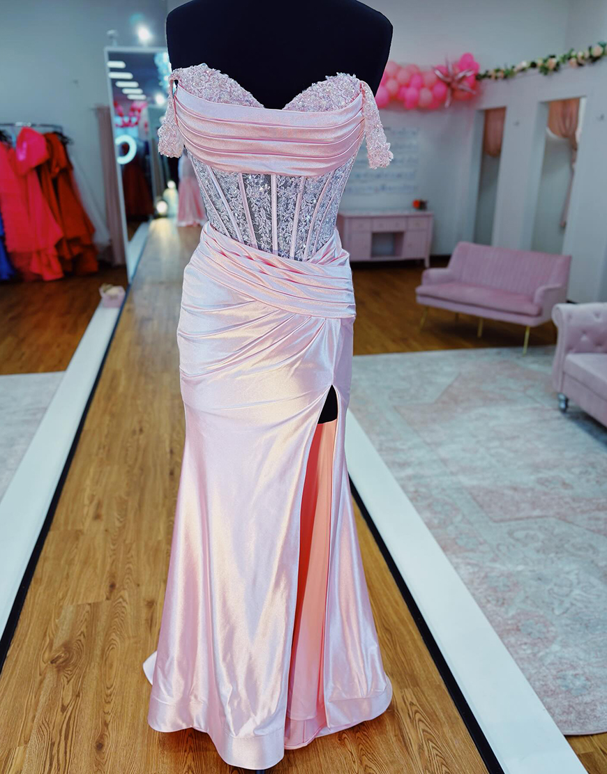 Sparkly Pink Sheath Sweetheart Corset Appliqued Long Prom Dress with Slit