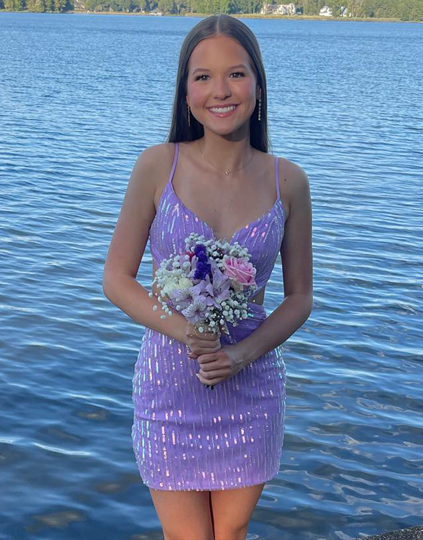 Sparkly Purple Sheath Spaghetti Straps Short Prom Dress with Beading