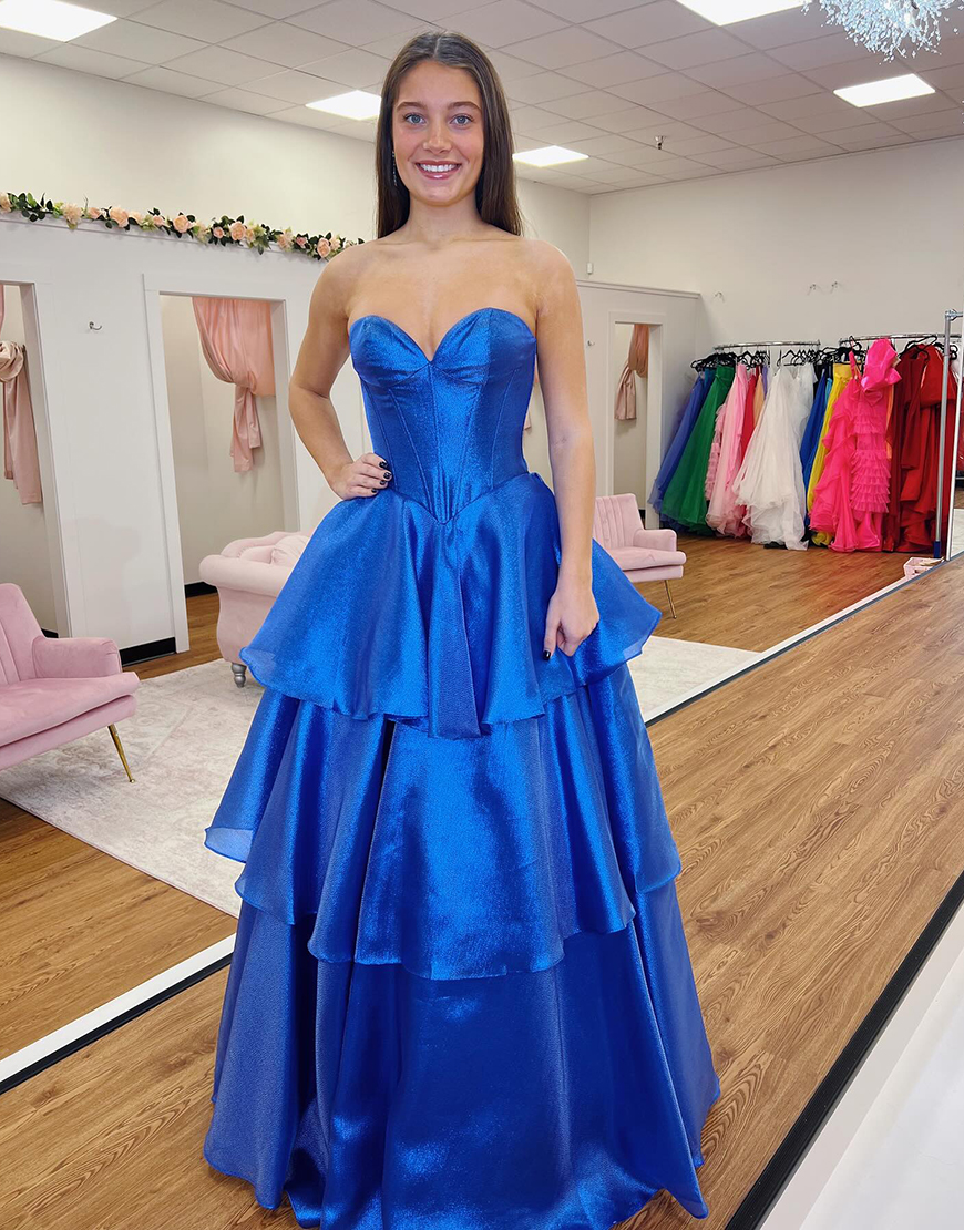 Royal Blue A Line Sweetheart Corset Tiered Long Satin Prom Dress