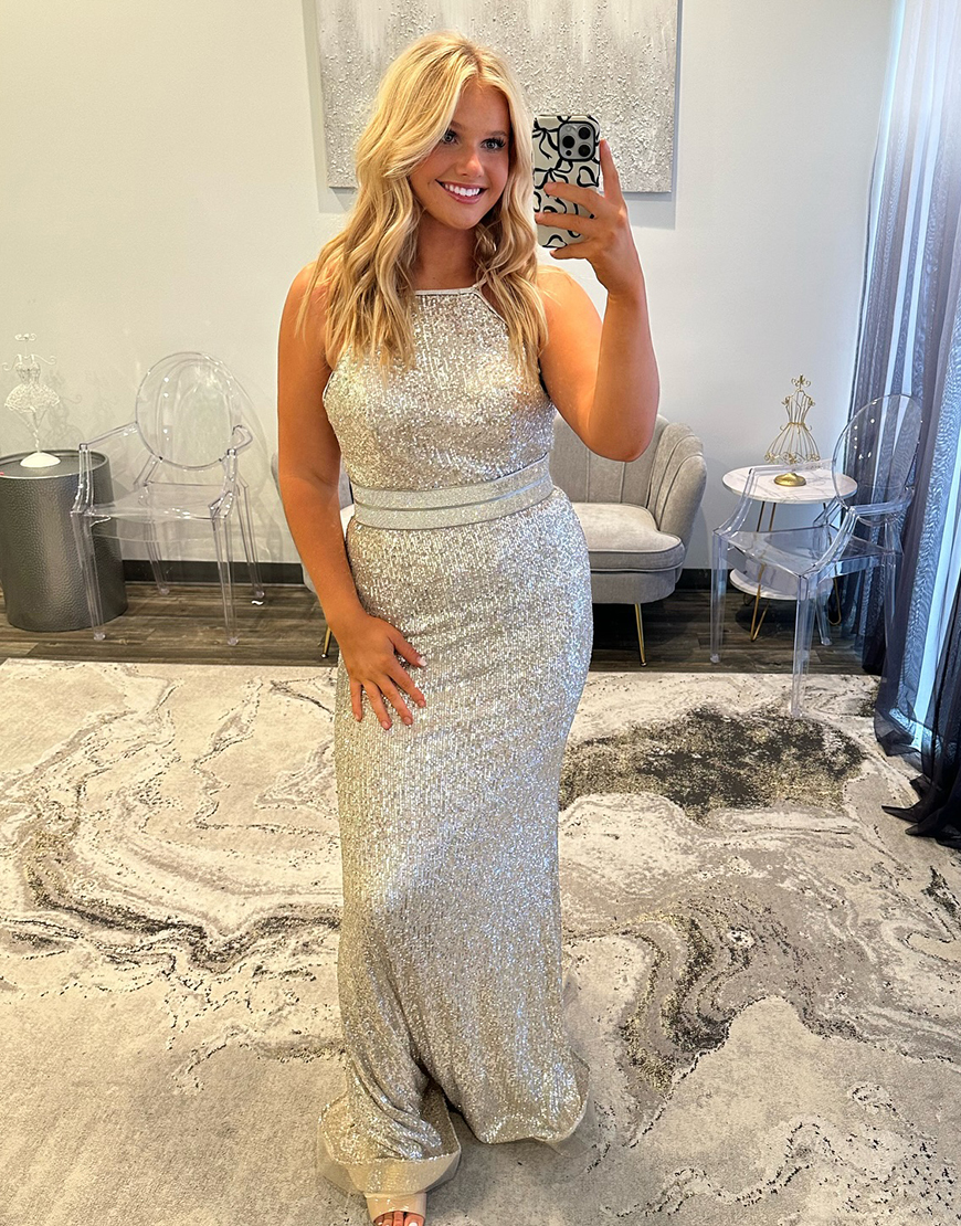 Sparkly Silver Mermaid Halter Long Prom Dress with Sequin