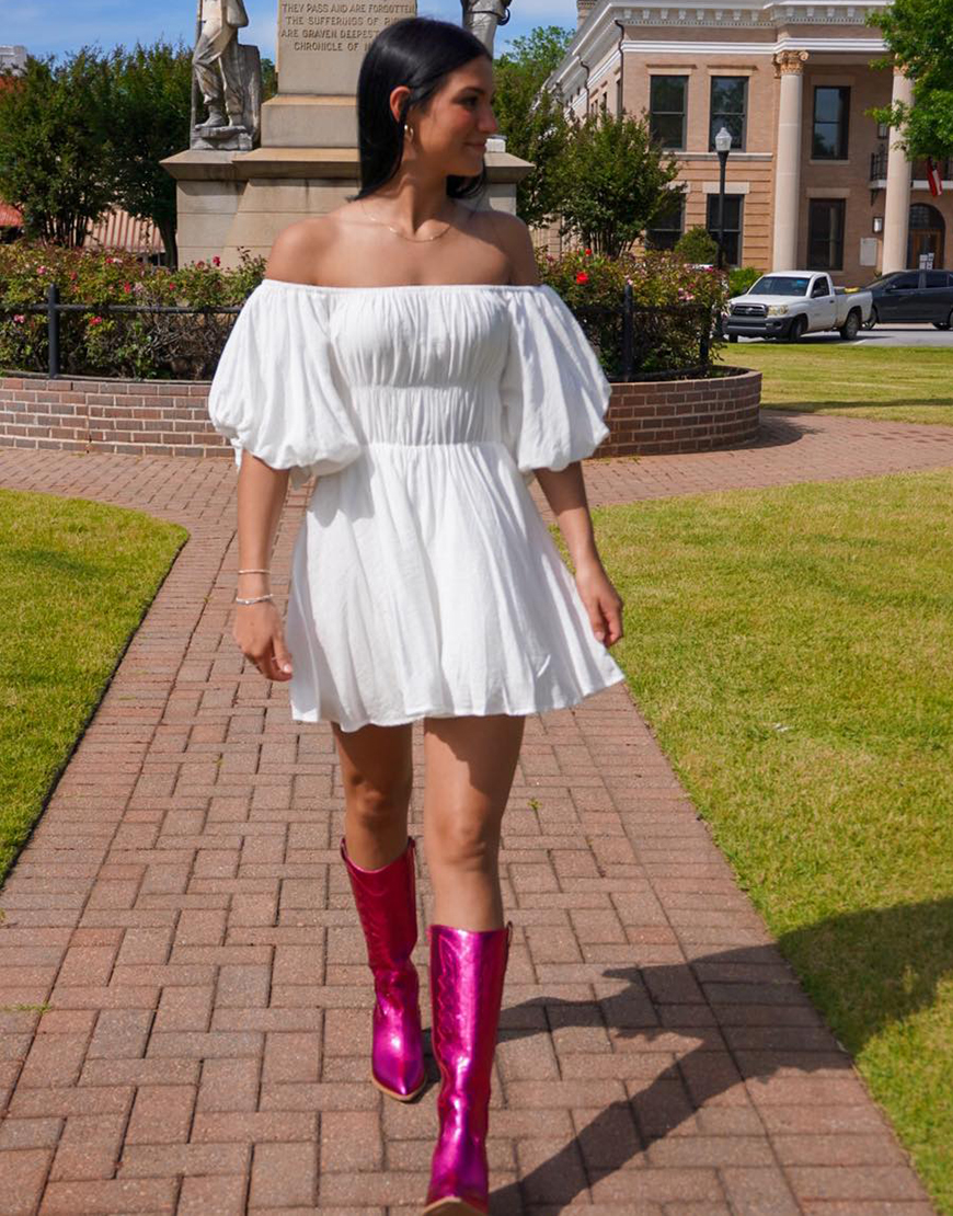 A-Line Off the Shoulder Puff Sleeves Pleating Little White Graduation Dress