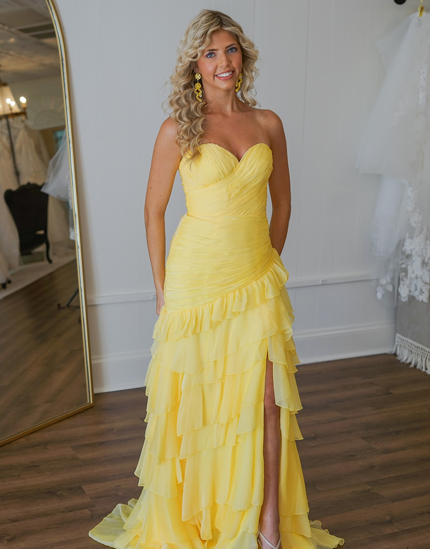 Yellow A-Line Strapless Ruffles Tulle Long Prom Dress with Slit