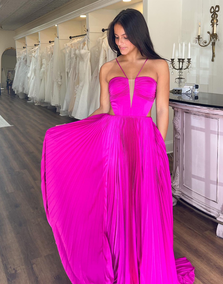 Fuchsia Halter A-Line Pleating Long Prom Dress with Slit