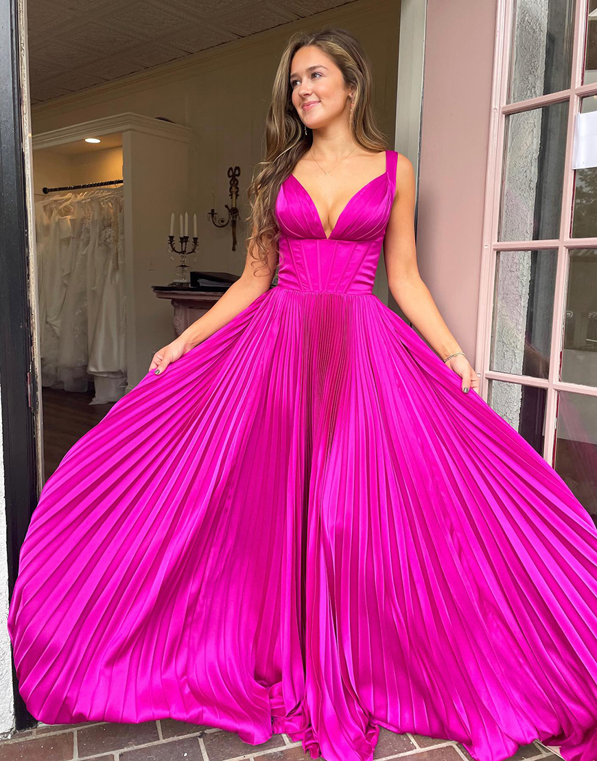 Fuchsia A-Line V Neck Pleating Long Prom Dress