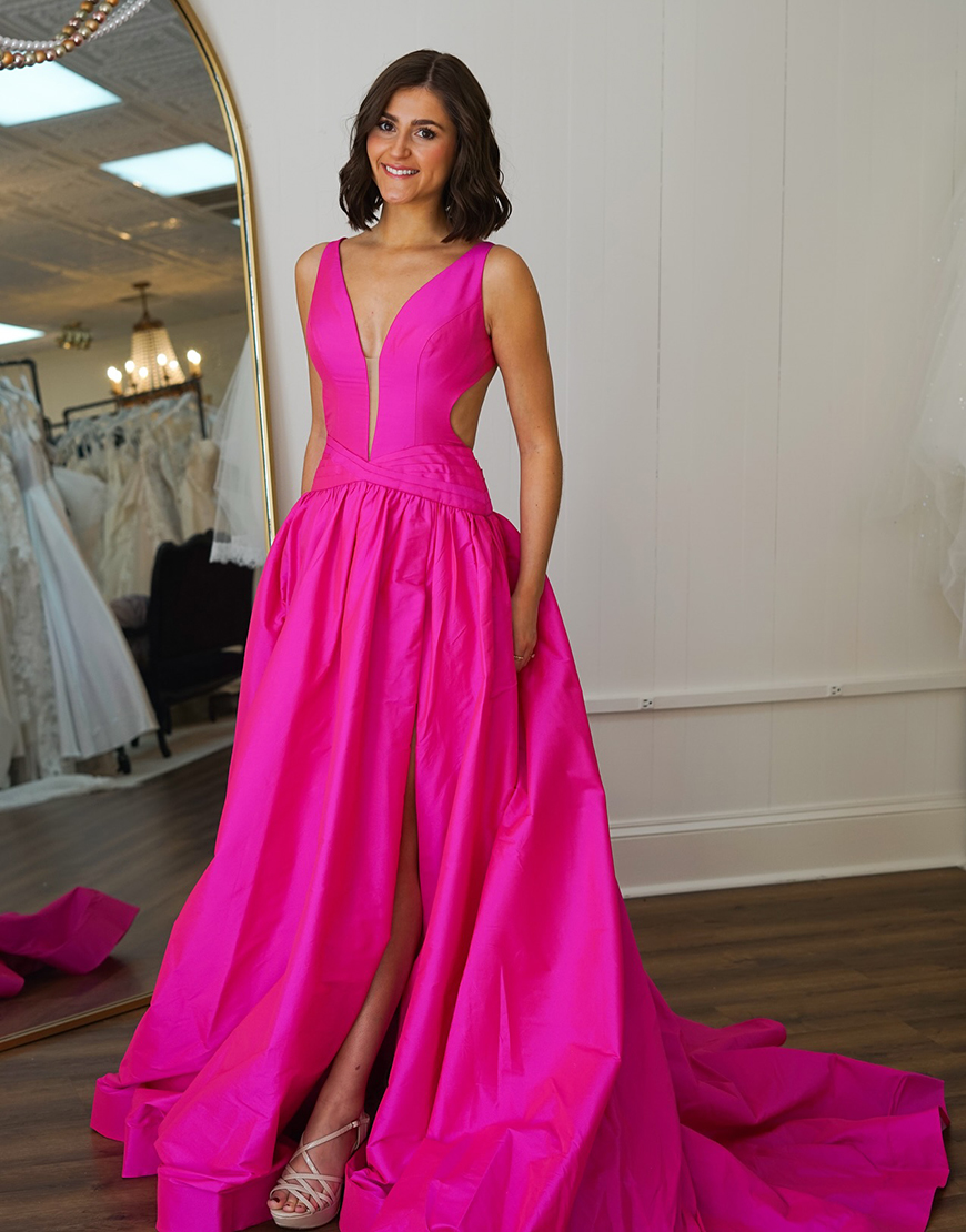 Fuchsia A-Line Deep V Neck Long Prom Dress with Slit