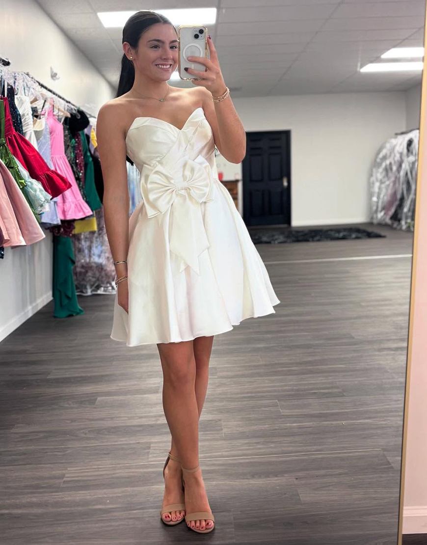 A-Line Strapless Little White Graduation Dress with Bow