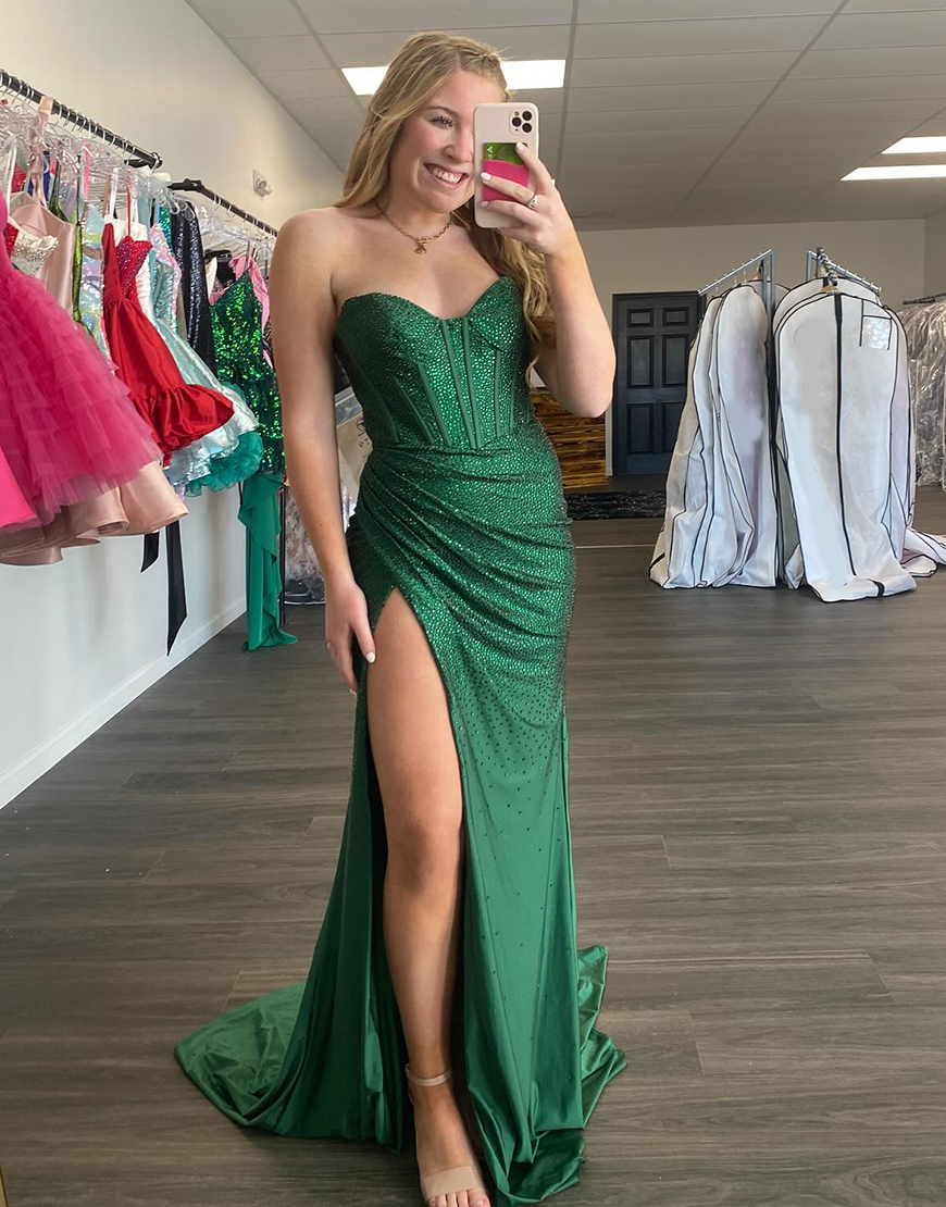 Sparkly Dark Green Sheath Strapless Corset Beadig Long Prom Dress with Slit
