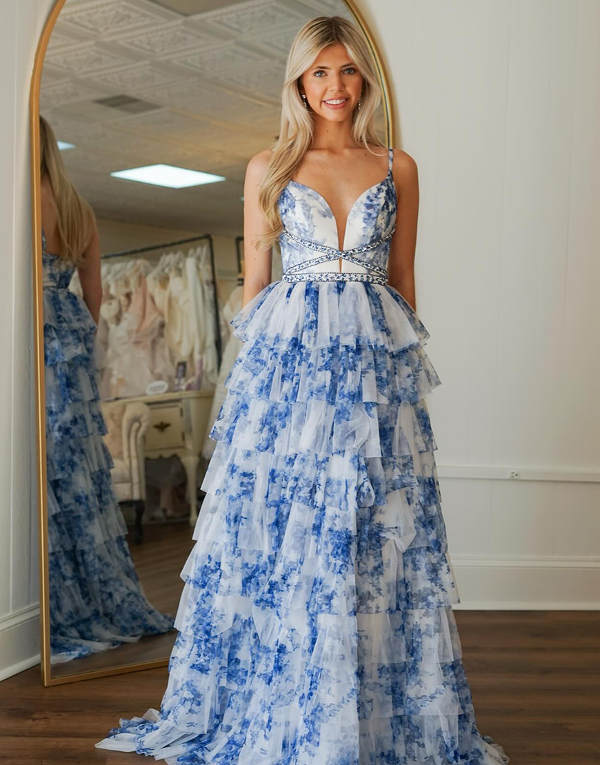Blue White Flower A-Line Spaghetti Straps Ruffles Long Prom Dress
