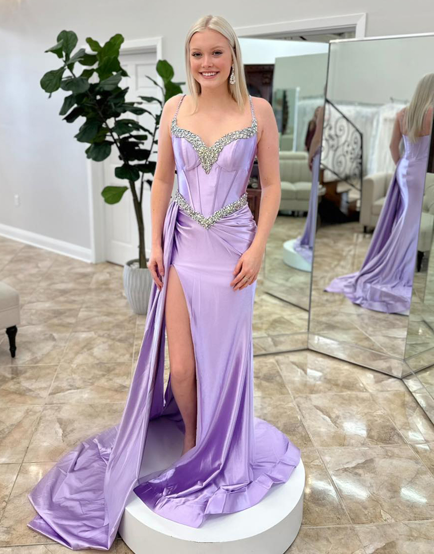 Lilac Sheath Spaghetti Straps Corset Satin Rhinestones Long Prom Dress with Slit