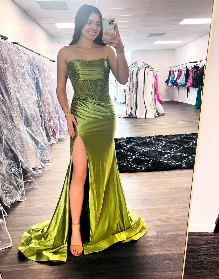 Olive Sheath Strapless Corset Ruched Satin Laced Long Prom Dress with Slit