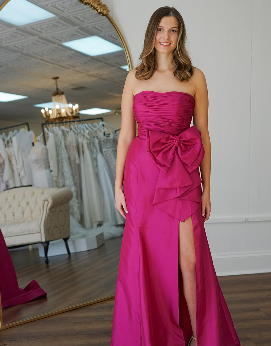Fuchsia Sheath Strapless Ruched Bowknot Long Prom Dress with Slit