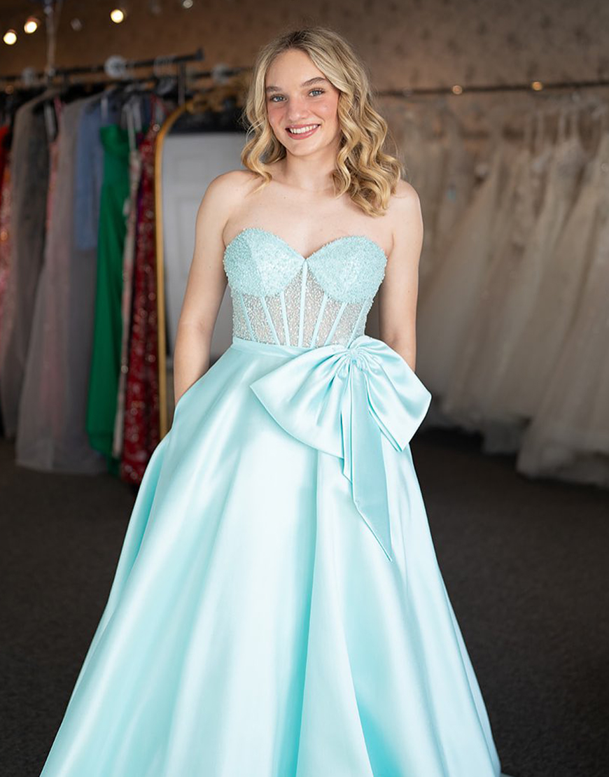 Light Green A-Line Strapless Corset Bowknot Long Prom Dress with Sequins