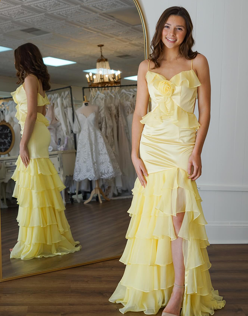 Yellow Sheath Spaghetti Straps Ruffles Flower Long Prom Dress with Slit